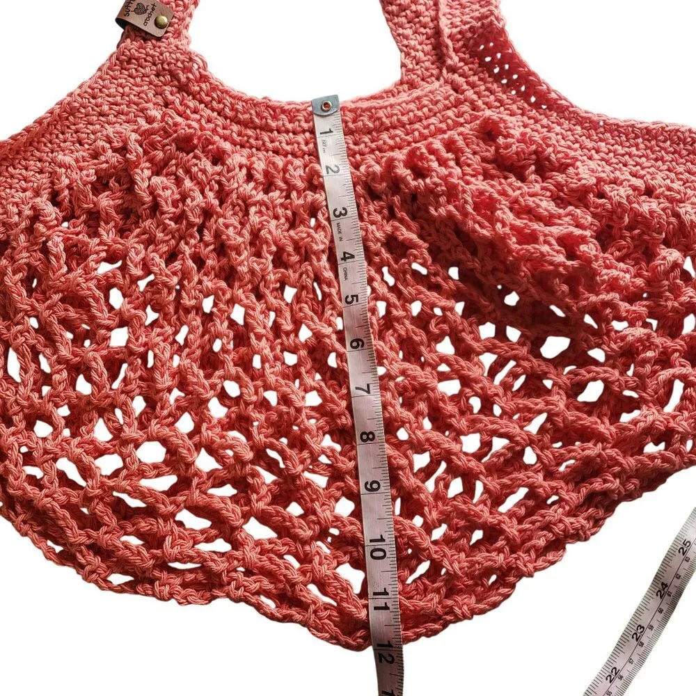 Handmade Crochet Mesh Market Bag Coral Pink Cotton Farmers Market Reusable Beach
